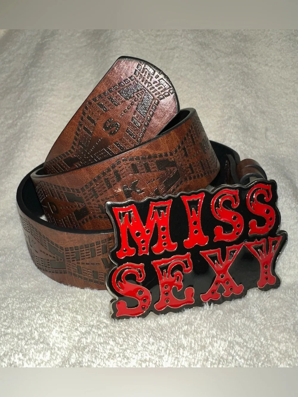 Vintage Y2K Miss Sexy Belt Buckle Brown Geometric Block Letter